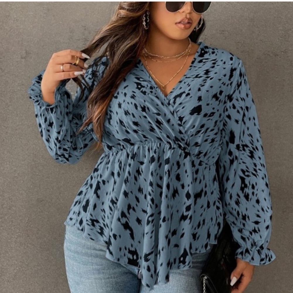 Blue Printed V-Neck Wrap Blouse